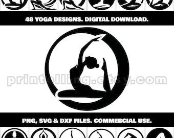 Ensemble Yoga SVG, PNG et DXF ; 48 modèles de chemises, d'art mural et de décoration (téléchargement numérique)
