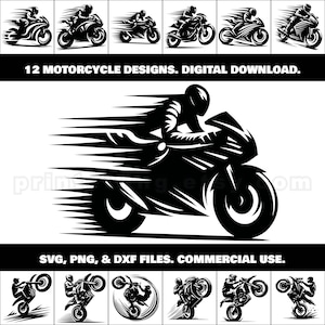 Pacchetto PNG, SVG, DXF per motociclette; 12 Clipart di moto sportive e moto da cross per magliette, gadget, arte murale, decorazioni, decalcomanie, adesivi, lavori di taglio
