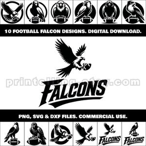 Pacchetto di clipart SVG, PNG e DXF dei Falcon Football; 10 accattivanti design di mascotte del football americano per magliette, poster, striscioni, gadget e regali per i fan