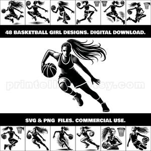 Ensemble de cliparts SVG, PNG pour basket-ball féminin ; 48 images de fille de basket-ball pour produits dérivés, art mural, bannières, chemises, autocollants, travaux manuels laser et cricut