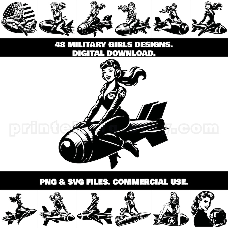 Military Girl SVG & PNG Bundle 48 Pinup Style Designs for Shirts, Wall ...
