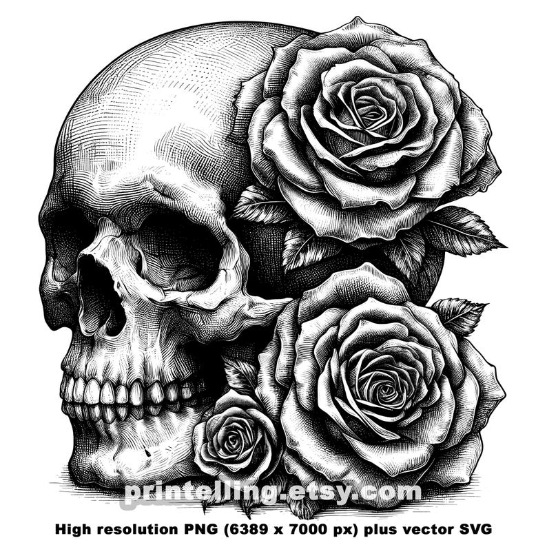 Skull and Roses Engraving: Gothic PNG & SVG Bundle - Etsy Canada