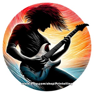 Paquete de imágenes prediseñadas de guitarrista: diseños inspirados en rock and roll, hard rock y heavy metal para crear camisetas, pegatinas, artículos de merchandising, decoración y mucho más.