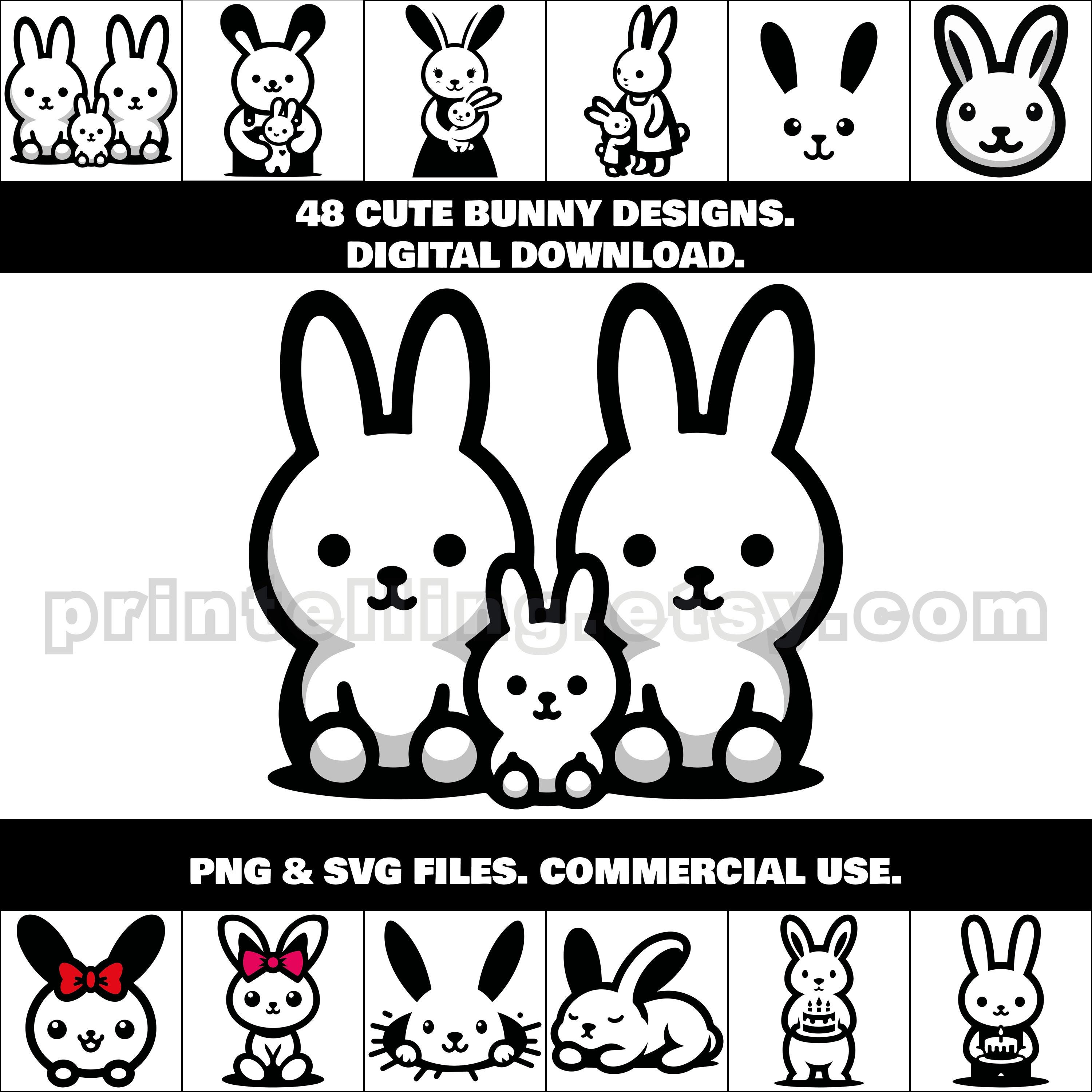 Cute Bunny SVG & PNG Bundle; 48 Kawaii Style Designs for Shirts, Decor ...
