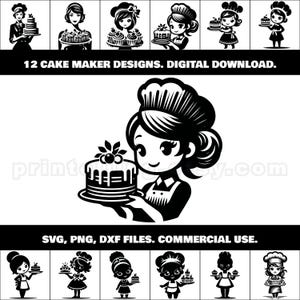 Cupcake & Cake Maker Girl PNG, SVG, DXF Clipart Bundle; 12 Imagens para Design de Logotipo, Confeitaria e Marca de Padaria, Decoração, Decalques, Placas