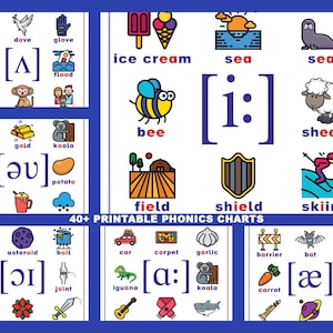 May include: A vibrant phonics chart with various illustrations and words. It features images and words such as "duck," "blood," "ice cream," "sea," "seal," "bee," "sheep," "field," "shield," and "skiing." The text "40+ PRINTABLE PHONICS CHARTS" is also present.