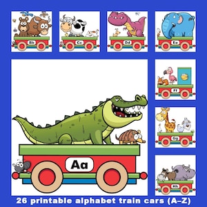 May include: A set of 26 printable alphabet train cars featuring cartoon animals and letters from A to Z. Each red and green train car displays a letter and various animals, including an alligator for Aa, a bear for Bb, and a cow for Cc.
