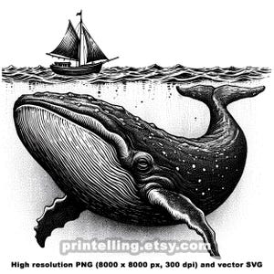 Op de afbeelding: Zwart-wit illustratie van een walvis onder water met een zeilboot aan de oppervlakte. De walvis is gedetailleerd met getextureerde schaduwen. De tekst "printelling.etsy.com" staat onderaan.