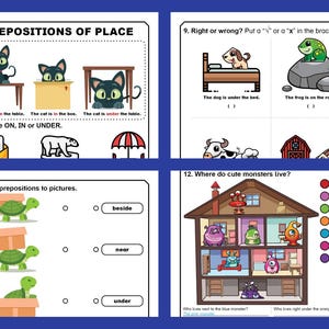 May include: Educational worksheet with colorful illustrations. Features exercises on prepositions of place, including cats, boxes, and tables. Includes a matching activity with turtles and boxes, and a question about where monsters live.