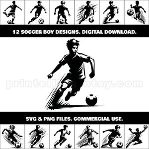 Jungen Fußballspieler SVG & PNG Clipart Bundle; 12 Jugend Fußball Designs für Sport Merch, Shirts, Decor. Brandmalen, Laser und Cricut Crafts