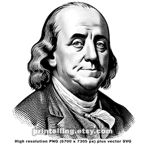 Pacote Benjamin Franklin PNG e SVG; 5 retratos vintage em alta resolução para criar camisetas patrióticas, pôsteres, decoração, produtos dos EUA e presentes