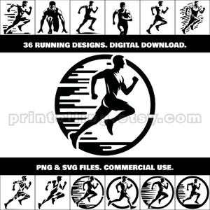 Lot de cliparts PNG et SVG en cours d'exécution ; 36 images pour concevoir des maillots pour les joggeurs, les coureurs de marathon, les athlètes d'athlétisme ; Décoration murale pour salle de sport ; Articles de sport