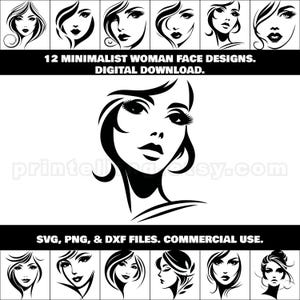 Minimalistyczne kobiece twarze z pięknymi rzęsami i ustami; SVG, PNG, DXF Clipart do sztuki ściennej Glam, dekoracji, koszulek, brandingu modowego, opakowań