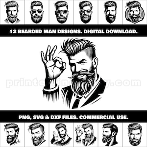 Paquete de imágenes prediseñadas PNG, SVG y DXF de hombre barbudo; 12 diseños de chicos guapos para marcas de barberías, regalos, decoración y productos para empresas centradas en los hombres