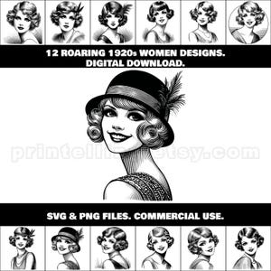 Paquete de imágenes prediseñadas SVG y PNG de mujeres de los años veinte; retratos de chicas flapper de la década de 1920 para arte mural, decoración, grabados láser, regalos, mercadería