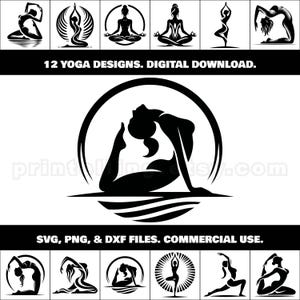 Pacote de Yoga Girl SVG, PNG e DXF; 12 imagens de clipart de ioga para branding de bem-estar, designs de camisetas, arte de parede, decoração, produtos, artesanato Cricut, etc.