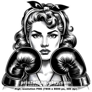 Ama de casa retro con guantes de boxeo PNG y SVG Bundle; Arte empoderador para decoración feminista, arte de pared, camisetas, regalos, merchandising de memes sarcásticos