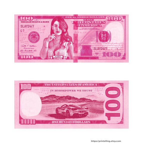 パーソナライズされた 100 ドル紙幣。紙幣の表面に印刷され、両面に 12