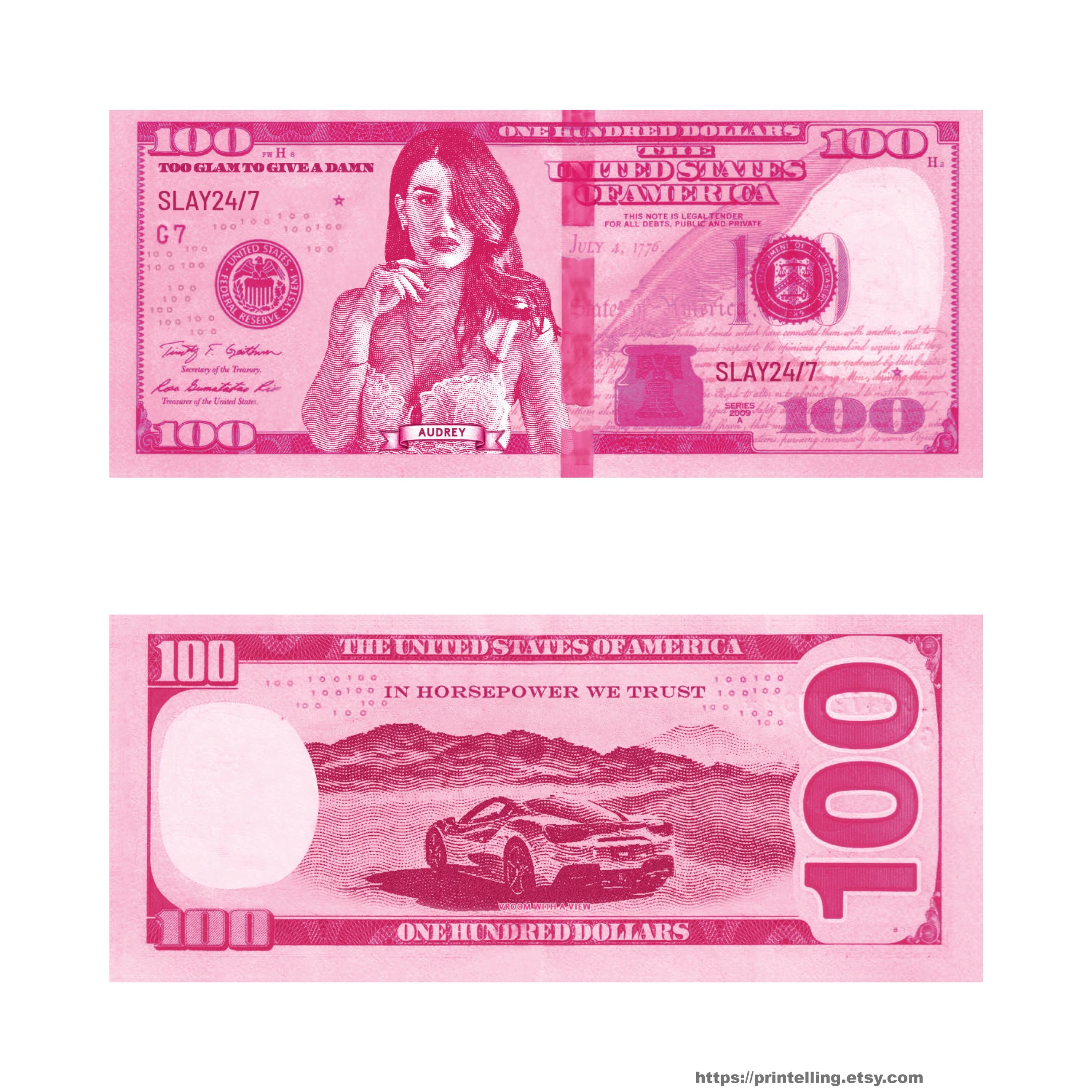 パーソナライズされた 100 ドル紙幣。紙幣の表面に印刷され、両面に 12
