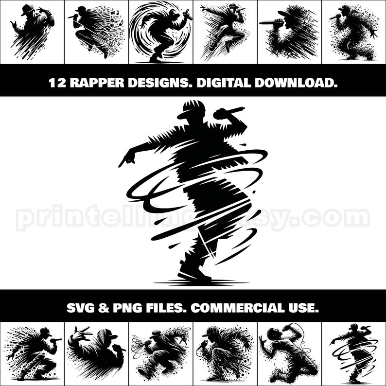 Rap Music Artists SVG & PNG Clipart Bundle; 12 Unique Singing Rapper ...