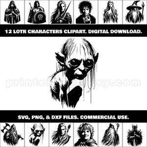ロード オブ ザ リングのキャラクター クリップアート バンドル。LOTR グッズ用の 12 個の PNG、SVG、DXF ファイル: T シャツ、ポスター、壁アート装飾、レーザー & クリカット クラフト
