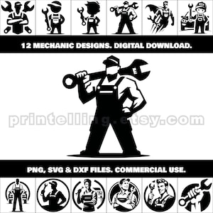 Pacote de clipart mecânico SVG, PNG, DXF; 12 designs para camisetas, arte de parede, decoração, decalques, adesivos, logotipo e marca, placas, faixas, presentes