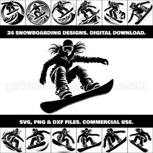 Snowboarder PNG, SVG, DXF Clipart Bundle; 24 Snowboarding Designs für Shirts, Wandkunst, Dekoration, Extremsport-Merch, Aufkleber, Aufkleber, Geschenke