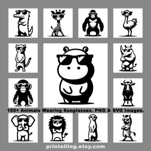Könnte beinhalten: Schwarz-Weiß-Illustrationen verschiedener Tiere mit Sonnenbrillen, darunter Krokodil, Giraffe, Gorilla, Strauß, Gepard, Nilpferd, Nashorn, Affe, Bulle, Elefant, Löwe, Erdmännchen und Zebra. Text: "100+ Tiere mit Sonnenbrillen."