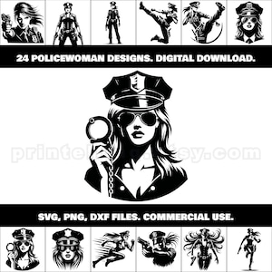 Paquete de imágenes prediseñadas PNG, SVG y DXF de mujer policía; 24 diseños increíbles para arte mural, decoración, camisetas, calcomanías, manualidades con láser y Cricut, regalos y productos