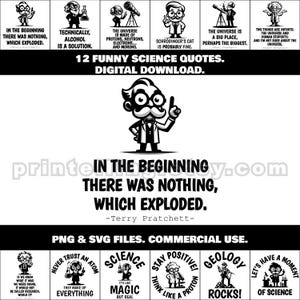 Citations scientifiques drôles, images SVG et PNG avec des scientifiques de dessins animés pour affiches, art mural, chemises, autocollants, décalcomanies, cadeaux, produits dérivés, travaux manuels Cricut