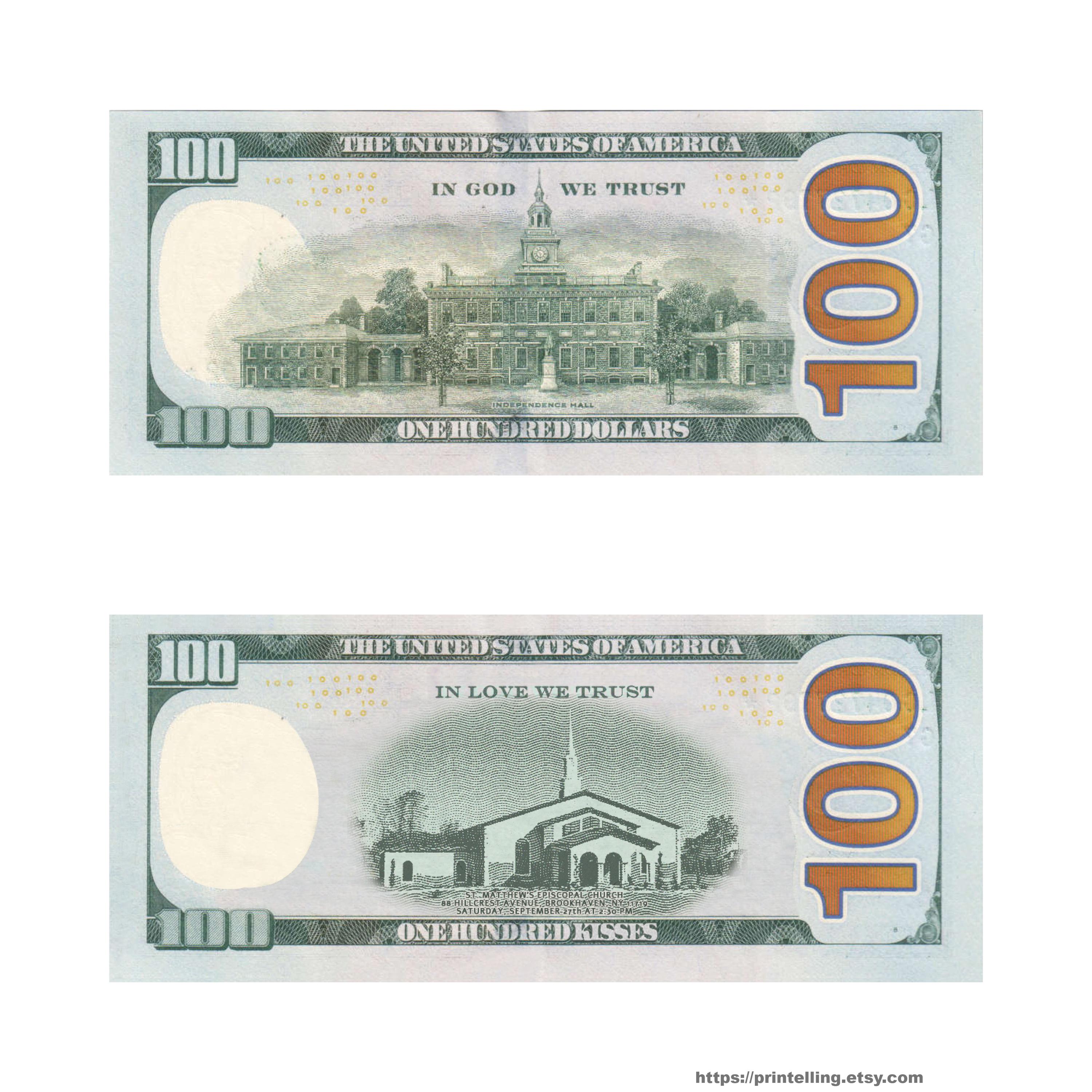 パーソナライズされた 100 ドル紙幣。紙幣の表面に印刷され、両面に 12