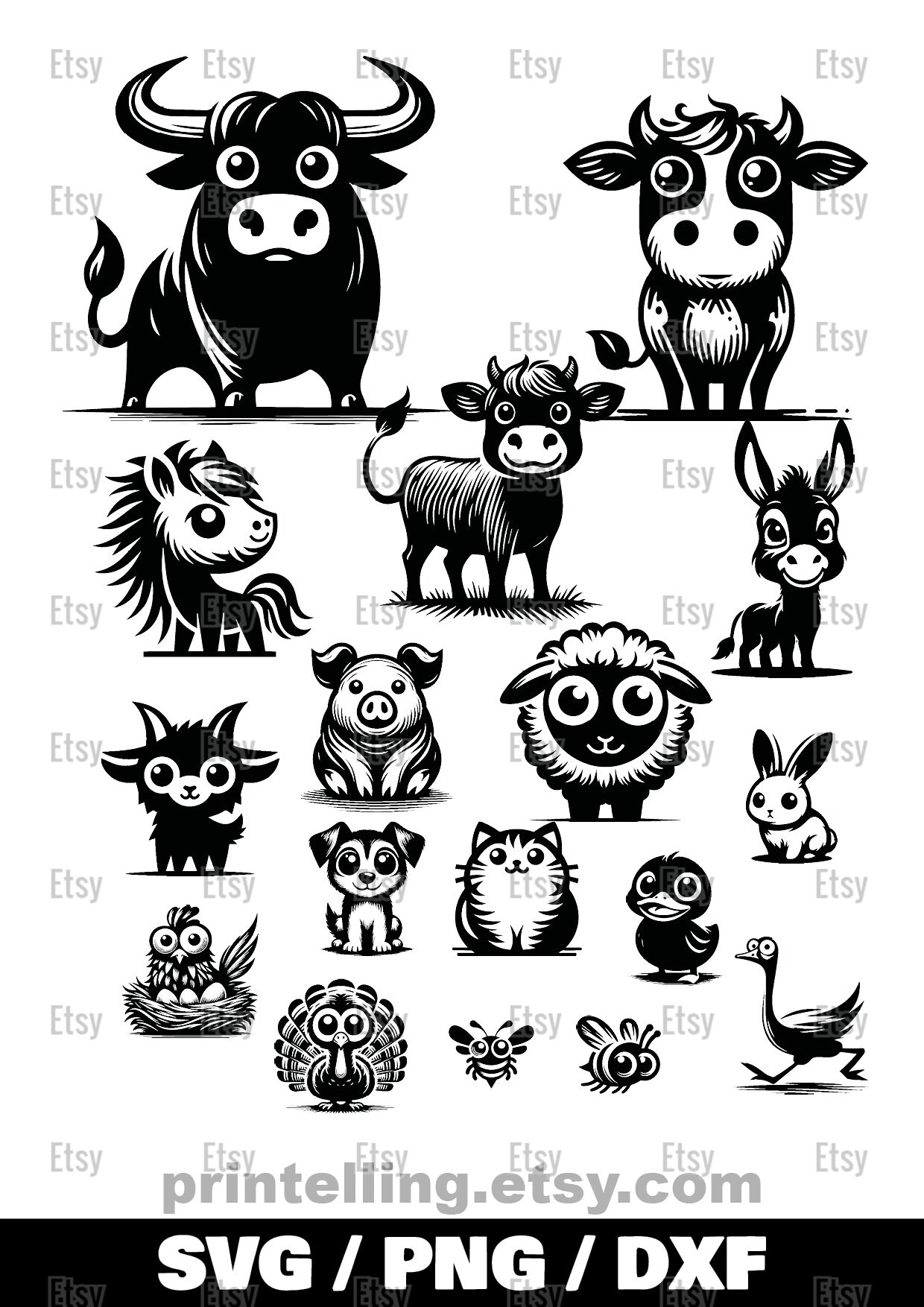 Cute Cartoon Farm Animals SVG, PNG, & DXF Bundle - 17 Stencil Art Style ...
