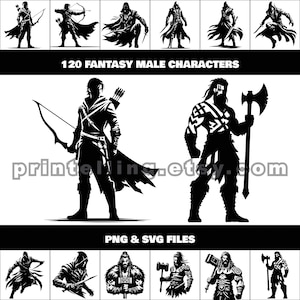 May include: Black and white illustrations of 120 fantasy male characters in various action poses. The image includes figures with bows, axes, and swords. Text on the image reads "120 Fantasy Male Characters" and "PNG & SVG FILES". The Etsy shop name is also visible.