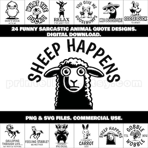 Funny Sarcastic Animal Quotes, Puns SVG & PNG Bundle; 24 Designs for Shirts, Posters, Mugs, Stickers, Decals, Meme Gifts, Cricut Crafts