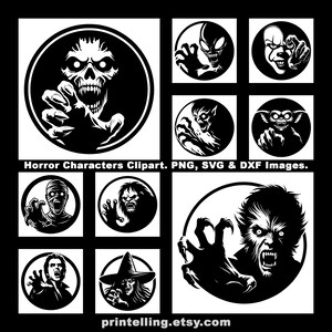May include: Black and white horror character clipart. The image features various monsters and villains in circular frames, including a zombie, alien, and werewolf. Text at the bottom reads "Horror Characters Clipart. PNG, SVG & DXF Images."