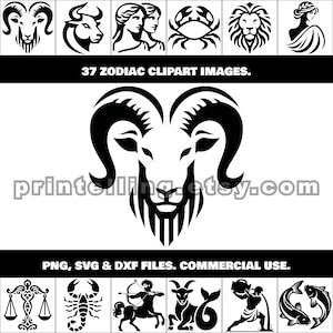Op de afbeelding: Zwart-wit dierenriem clipart afbeeldingen. De afbeelding toont 37 dierenriem ontwerpen, waaronder Ram, Stier, Tweelingen, Kreeft, Leeuw en Maagd. De tekst "37 ZODIAC CLIPART IMAGES" wordt weergegeven. De website printelling.etsy.com is ook zichtbaar.
