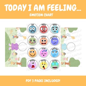 May include: An emotion chart with the text "Today I Am Feeling..." and "Emotion Chart" at the top. The chart features 12 circular illustrations depicting various feelings, such as sad, angry, and happy. The phrase "PDF 3 Pages Included!" is at the bottom.