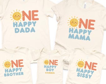 Camiseta familiar personalizada "One Happy Boy" / Camiseta de primer cumpleaños para niño / Conjunto personalizado "First Trip Around the Sun" / Cumpleaños soleado