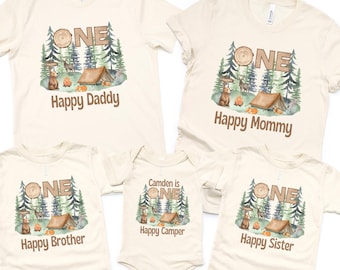 One Happy Camper First Birthday Matching Family Shirt: Woodland Animals Camping 1st Birthday Shirt