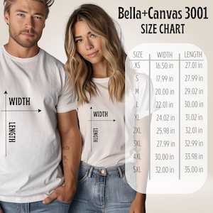 Puede incluir: Una tabla de tallas Bella+Canvas 3001 con una gu&iacute;a visual de camiseta blanca con flechas de ancho y largo. La tabla enumera tallas de XS a 5XL con las medidas correspondientes en pulgadas, que van desde 16.50 pulgadas hasta 35.00 pulgadas.