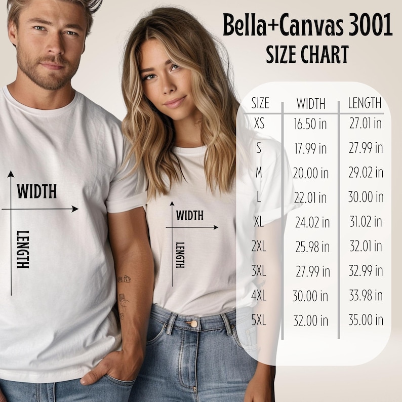 Puede incluir: Una tabla de tallas Bella+Canvas 3001 con una gu&iacute;a visual de camiseta blanca con flechas de ancho y largo. La tabla enumera tallas de XS a 5XL con las medidas correspondientes en pulgadas, que van desde 16.50 pulgadas hasta 35.00 pulgadas.
