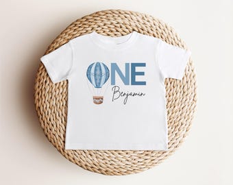 Camiseta personalizada de primer cumpleaños con globo aerostático azul / Traje personalizado para primer cumpleaños / Arriba arriba y lejos / Camiseta de cumpleaños para niño y niña bebé niño pequeño