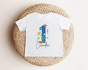 Maglietta personalizzata per il primo compleanno a tema "Sotto il mare" / Maglietta di compleanno con animali marini / Completo per il primo compleanno con animali marini / Maglietta con acquario marino