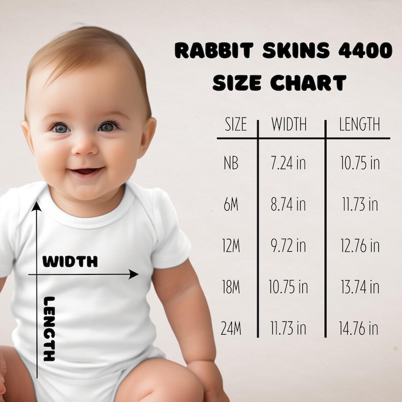 Puede incluir: Una tabla de tallas Rabbit Skins 4400 para un body blanco de beb&eacute;. La tabla enumera las tallas NB, 6M, 12M, 18M y 24M con las medidas de ancho y largo en pulgadas. Un diagrama en el body ilustra c&oacute;mo medir el ancho y el largo de la prenda.