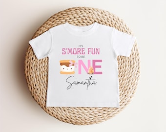 Camiseta personalizada rosa "S'more Fun To Be One" para el primer cumpleaños / Camiseta de camping "S'mores" para el primer cumpleaños / Conjunto "S'mores" para niña para el primer cumpleaños / Camiseta de fogata