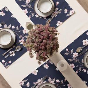 Pink Flowers Blue Background Spring Floral Bloom 4-Piece Placemat Set