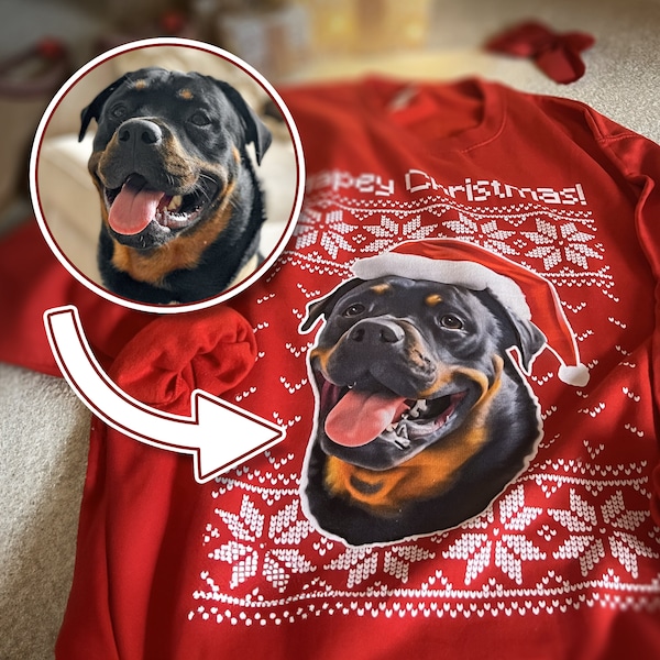 Custom Christmas Pet Sweatshirt | Personalized Pet Portrait Gift, Custom Pet Face Image Sweater Present, Personalised Dog or Cat Pet Jumper