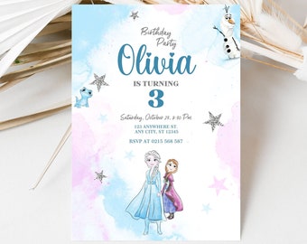 Descarga digital de invitación de cumpleaños de Frozen con etiquetas de agradecimiento GRATUITAS e invitación de teléfono de Frozen personalizable en Canva para fiesta de niñas