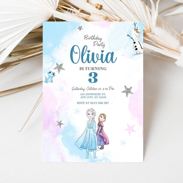 Download digitale dell'invito di compleanno di Frozen con tag di ringraziamento GRATUITI e invito telefonico di Frozen personalizzabile su Canva per feste per ragazze