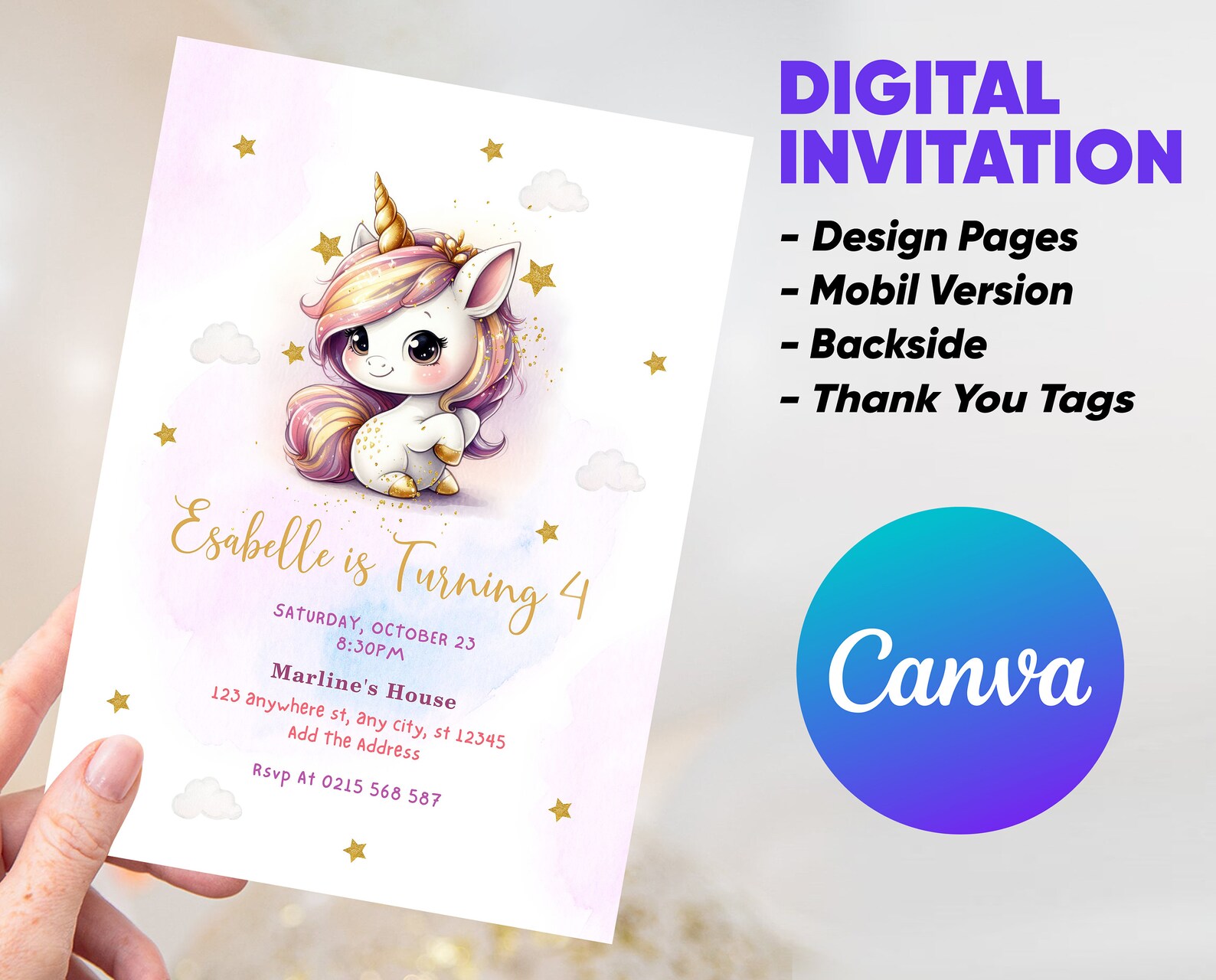 Printable Unicorn Theme Party Invitation Template FREE Thank You Tags ...